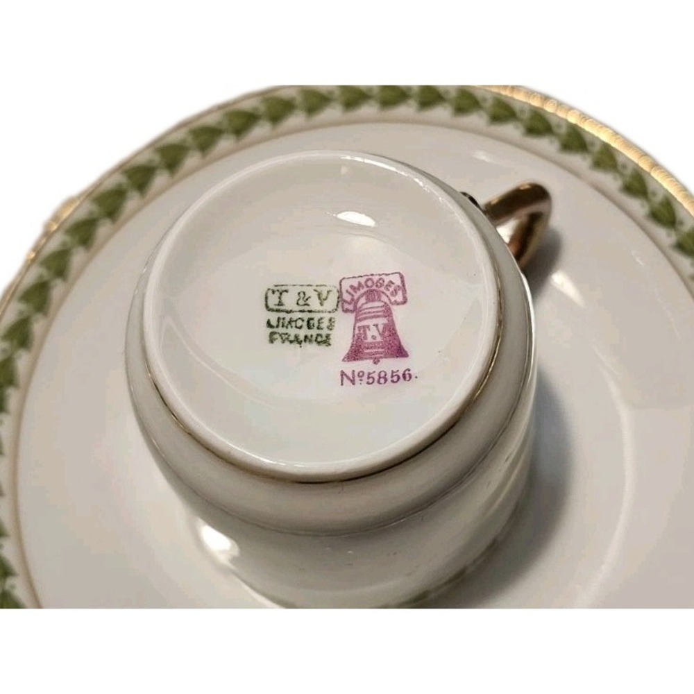 Antique Tressemanes & Vogt Ramekin Cup and Saucer Set Green Laurel China - Picture 2 of 2